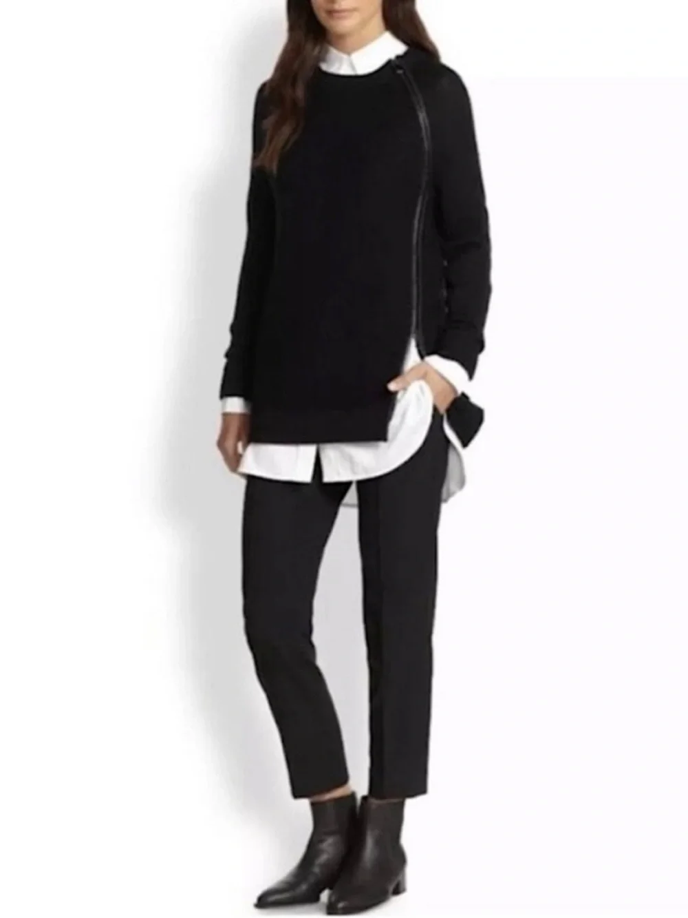 Vince Black Wool Asymmetrical Leather Trim Zip Sweater Size M